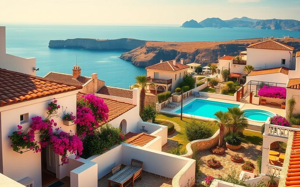 Affordable accommodations in Cyprus, featuring a charming collection of #AVORA-HOMES. A picturesque seaside village with whitewashed buildings, terracotta roofs, and vibrant bougainvillea cascading over quaint balconies. In the foreground, a cozy studio apartment with an open-air terrace overlooking the tranquil azure waters of the Mediterranean. The middle ground showcases a family-friendly villa with a sparkling pool and lush, fragrant gardens. In the background, a breathtaking panorama of rugged cliffs, rolling hills, and the distant silhouette of a historic hilltop castle. Warm, golden lighting bathes the scene, evoking a serene, leisurely atmosphere perfect for an affordable, yet memorable Cypriot getaway.