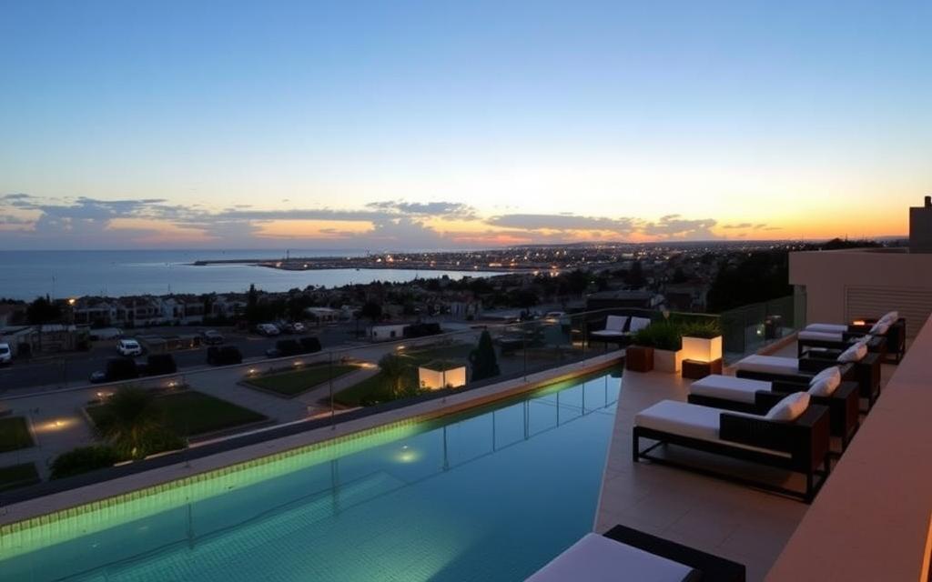 Amathus Beach Hotel Limassol Rooftop mit Meerblick und Sonnenuntergang