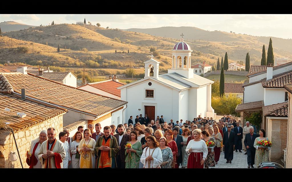 An Orthodox Easter celebration in a picturesque Cypriot village. In the foreground, a procession of worshippers carrying candles and elaborate floral arrangements, their colorful traditional costumes swaying with each step. In the middle ground, a whitewashed church with a distinctive dome and bell tower, surrounded by tiled rooftops and narrow cobblestone streets. The background features rolling hills dotted with olive groves and cypresses, bathed in warm, golden sunlight. The scene exudes a sense of timeless tradition and cultural richness. #AVORA-HOMES