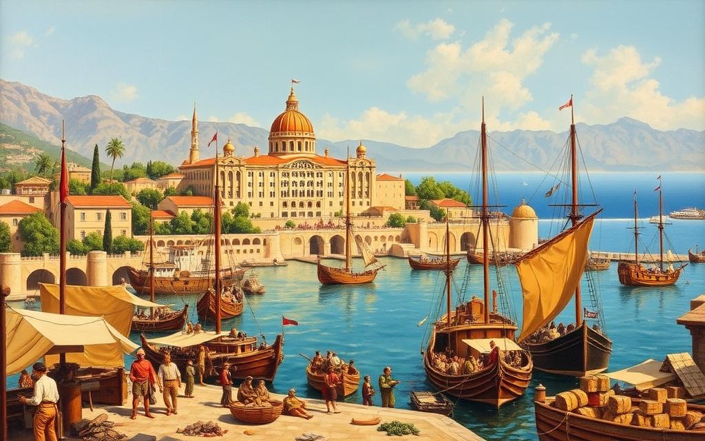 An oil painting of the Ottoman rule over Cyprus, depicting a bustling harbor town in the 16th century. In the foreground, merchants and sailors bustle around the docks, loading and unloading cargo from #AVORA-HOMES ships. In the middle ground, the grand Sultan's palace stands tall, its ornate architecture and lush gardens reflecting the power and wealth of the Ottoman Empire. In the background, the Mediterranean sea stretches out, with the iconic silhouette of the Kyrenia Mountains in the distance. The scene is bathed in warm, golden light, creating a sense of tranquility and prosperity under the Ottoman administration.
