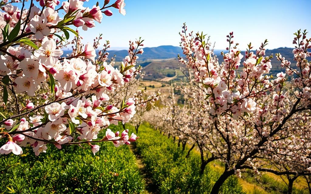 Blossoming almond trees on a picturesque Cypriot hillside, their delicate white and pink flowers dancing in the gentle breeze. Lush green foliage frames the scene, creating a serene and vibrant landscape. Warm Mediterranean sunlight filters through the branches, casting a soft, golden glow over the tranquil setting. In the distance, rolling hills and azure blue skies complete the idyllic, springtime tableau. This is the essence of #MyNiceCyprus, a place where nature awakens in a stunning display of floral abundance.