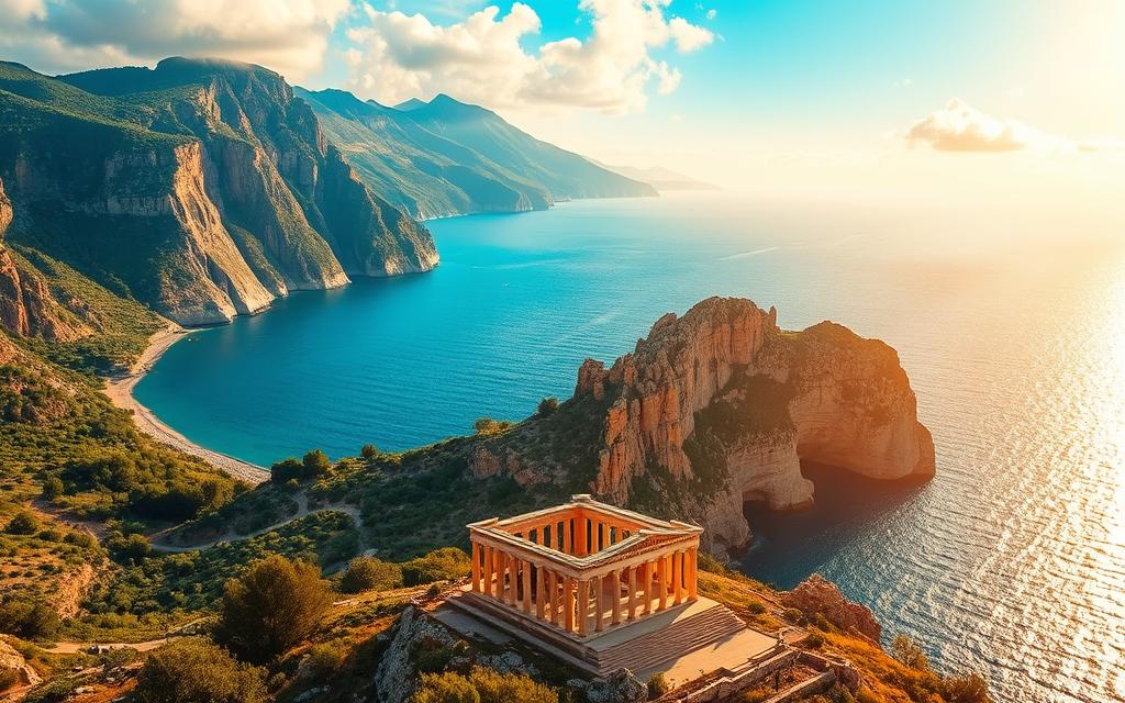 Breathtaking mythological landscape of Zypern, the island of Aphrodite, the Goddess of Love. Towering cliffs overlooking a shimmering azure sea, ancient ruins shrouded in verdant foliage, and mystical stone formations bathed in warm, golden light. In the foreground, a serene temple dedicated to the Olympian deities stands as a testament to the island's rich history and spiritual heritage. Wispy clouds drift across a vibrant, painted sky, lending an air of timeless enchantment. #MyNiceCyprus