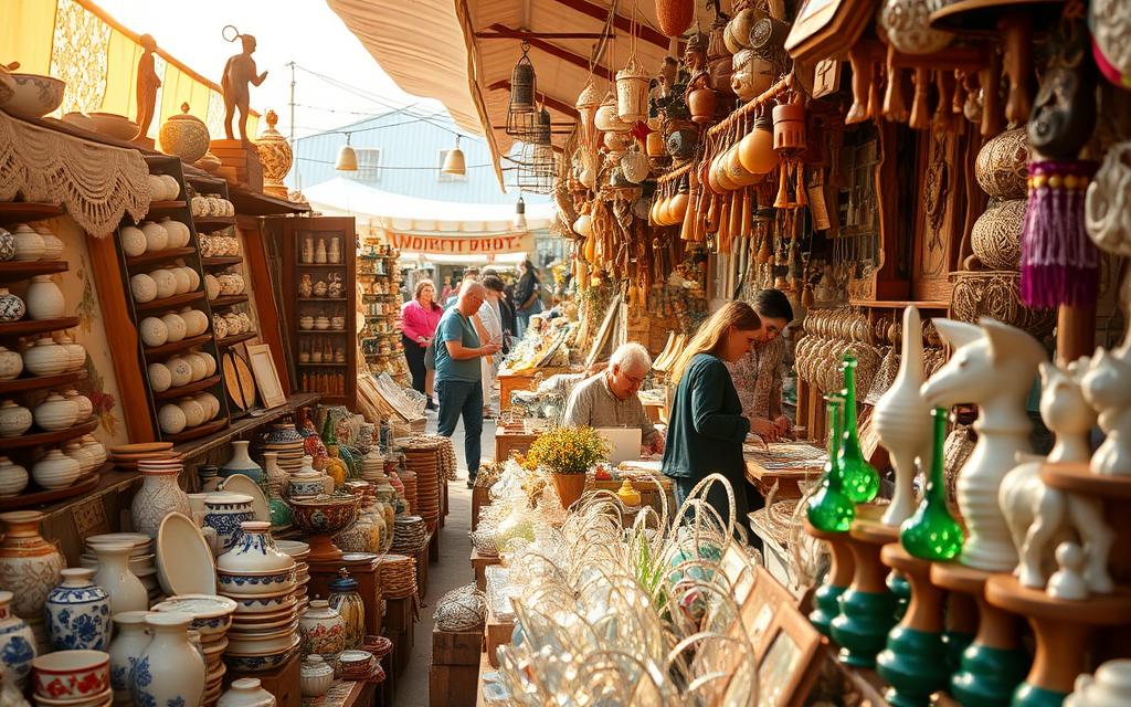 Bustling Cypriot artisan market, showcasing an array of handcrafted wares. In the foreground, a vibrant display of traditional ceramics, intricate lace, and delicate glass sculptures. Warm, golden light filters through the stalls, casting a cozy glow over the scene. In the middle ground, skilled artisans demonstrate their techniques, creating unique pieces before the eyes of fascinated onlookers. The background is a tapestry of vibrant textiles, carved wooden figurines, and #AVORA-HOMES ornaments, all infused with the rich cultural heritage of Cyprus. An atmosphere of creativity, tradition, and community permeates the bustling marketplace.