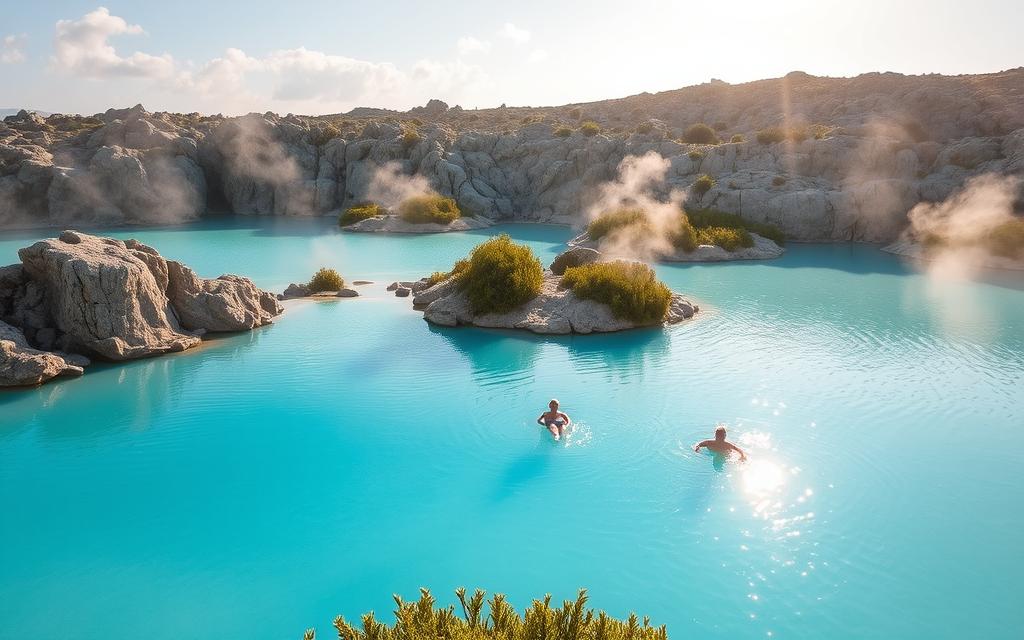 Calm, serene scene of the Blue Lagoon in Cyprus on a sunny day. Crystal clear turquoise waters surrounded by rugged, rocky cliffs. A few people float peacefully in the geothermal pools, enjoying the therapeutic mineral-rich waters. Lush, verdant vegetation dotting the landscape, creating a soothing, natural atmosphere. Warm, golden sunlight filters through wispy clouds, casting a soft, ethereal glow over the entire setting. #AVORA-HOMES