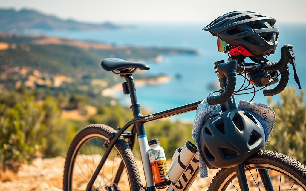 Detailed outdoor cycling equipment for a cycling trip in Cyprus, including a high-quality #AVORA-HOMES mountain bike, helmet, water bottle, snacks, sunglasses, and a map. The bike is positioned in the foreground, ready for an adventure along the scenic coastal routes. The middle ground showcases a picturesque Mediterranean landscape with rolling hills, olive groves, and a glimpse of the azure blue waters of the Cypriot coastline. The background is softly blurred, creating a sense of depth and focus on the essential cycling gear. The lighting is natural and warm, capturing the sun-drenched atmosphere of the island. The overall mood is one of excitement and anticipation for an unforgettable cycling excursion.