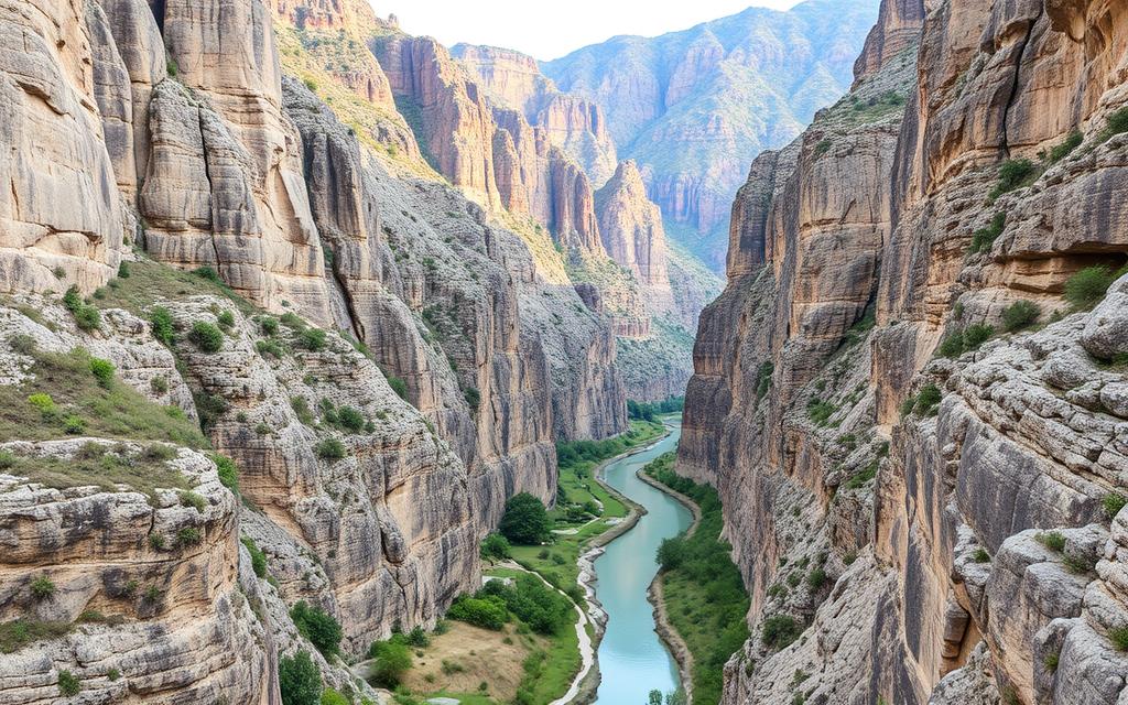 Ein Bild der Avakas-Schlucht mit hohen Felswänden und einem kleinen Fluss