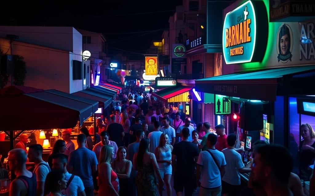 Ein Bild der Bar Street in Ayia Napa bei Nacht