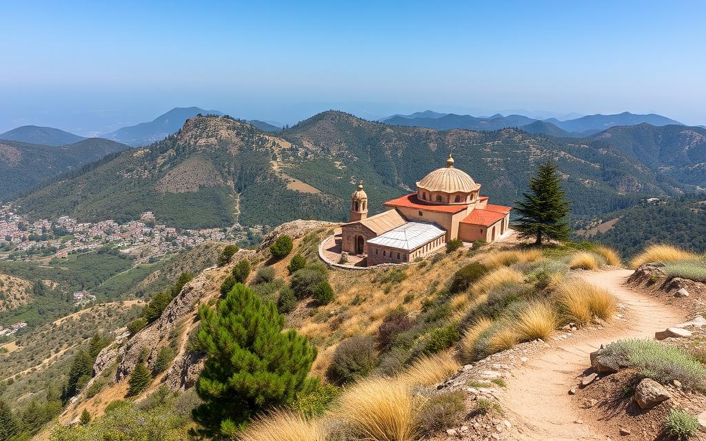 Ein Bild des Tróodos-Gebirges mit Wanderweg und byzantinischer Kirche