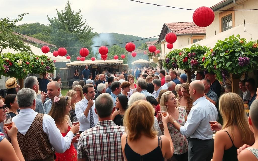 Ein Bild vom "Dionysos" Weinfest in Stroumpí, das die Atmosphäre des Festes mit Wein, Musik und traditionellen Elementen zeigt.