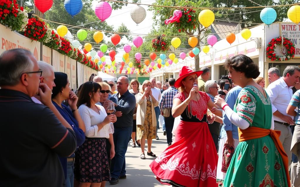 Ein Bild vom Limassol Weinfestival mit Menschen, die Wein probieren und traditionelle zypriotische Tänze aufführen