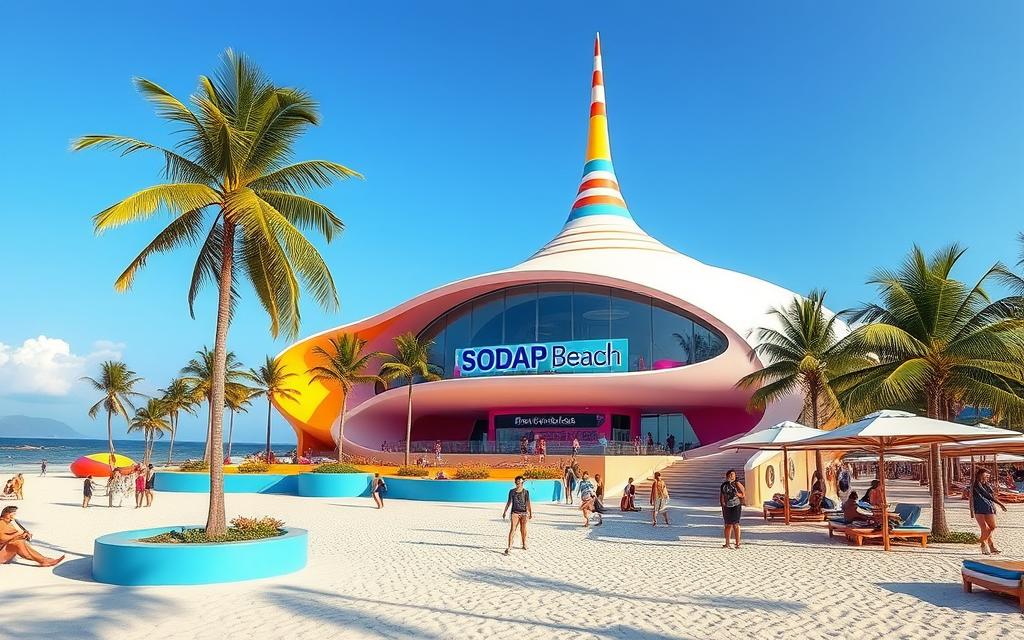 Ein Bild vom SODAP Beach mit dem futuristischen Antasia Beach Club