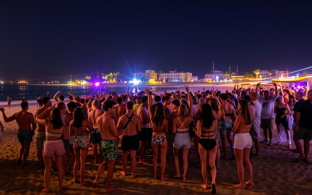 Ein Bild von Ayia Napa bei Nacht, mit Menschen, die an einem Strand feiern.