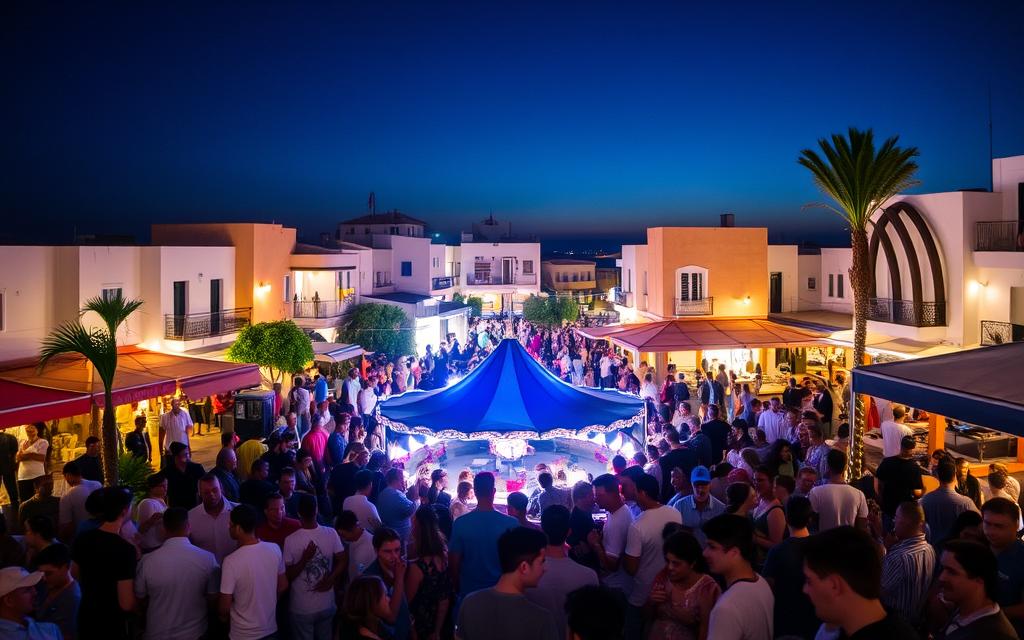 Ein Bild von Ayia Napa bei Nacht, mit vielen Menschen, die sich um den "Square" versammeln