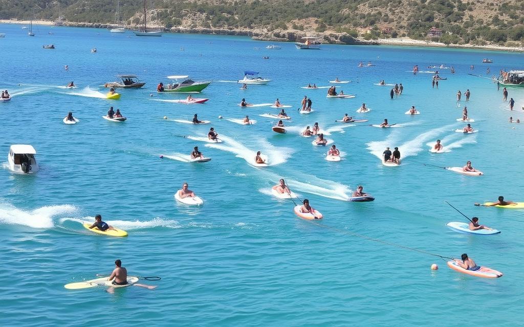 Ein Bild von Coral Bay mit vielen Menschen und Wassersportaktivitäten