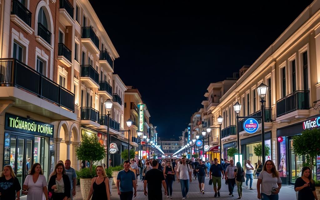 Ein Bild von Limassol bei Nacht, mit Menschen, die durch die beleuchteten Straßen flanieren.
