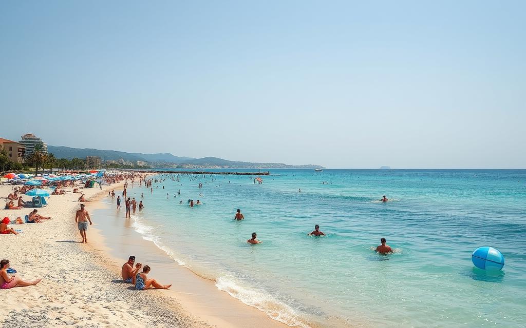 Ein Bild von Nissi Beach mit Menschen, die sich sonnen und Wassersport treiben