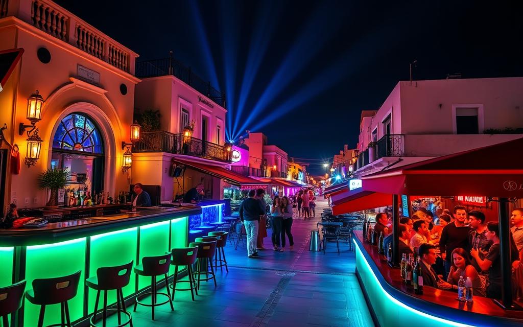 Ein Bild von Paphos bei Nacht, mit eleganten Bars und Clubs
