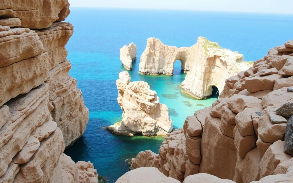 Ein Bild von Petra tou Romiou mit Felsformationen und kristallklarem Wasser