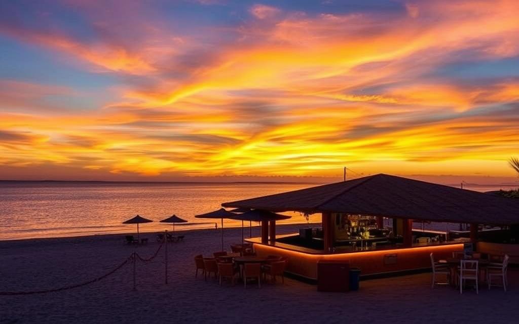 Ein Bild von der Nissi Bay Beach Bar bei Sonnenuntergang