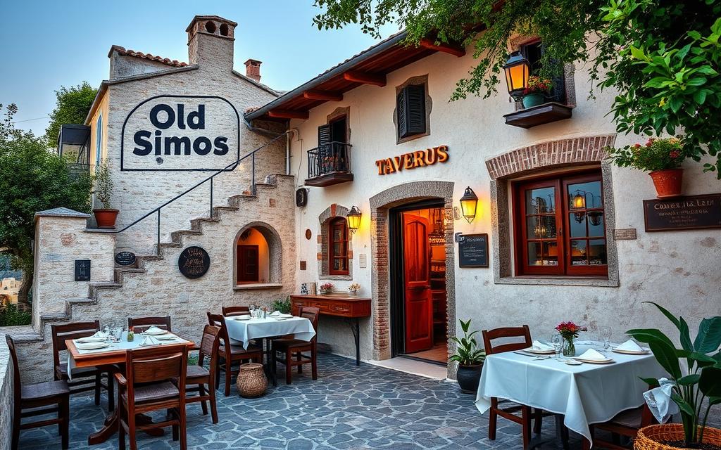 Ein Bild von der Old Simos Tavern mit traditionellen Gerichten