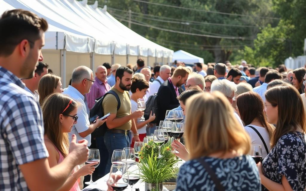 Ein Bild von einem Weinfest auf Zypern mit vielen Menschen, die Wein probieren
