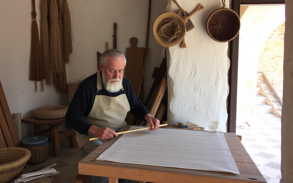 Ein Bild von einer lokalen Handwerkerin bei der Arbeit in Pano Lefkara