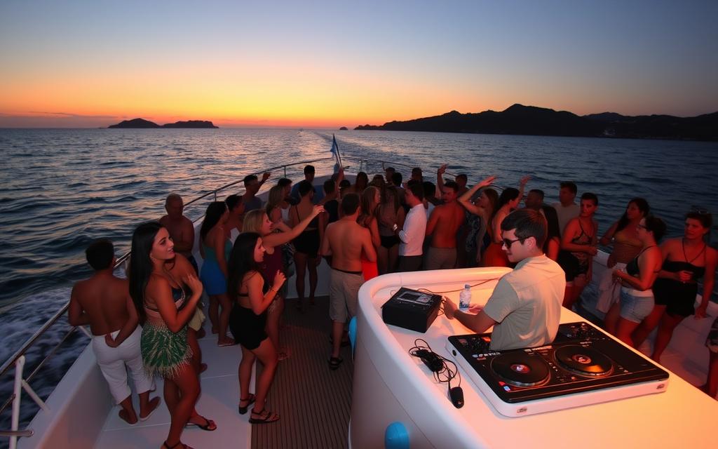Eine Bootsparty auf dem Mittelmeer mit tanzenden Menschen und einem DJ auf dem Boot
