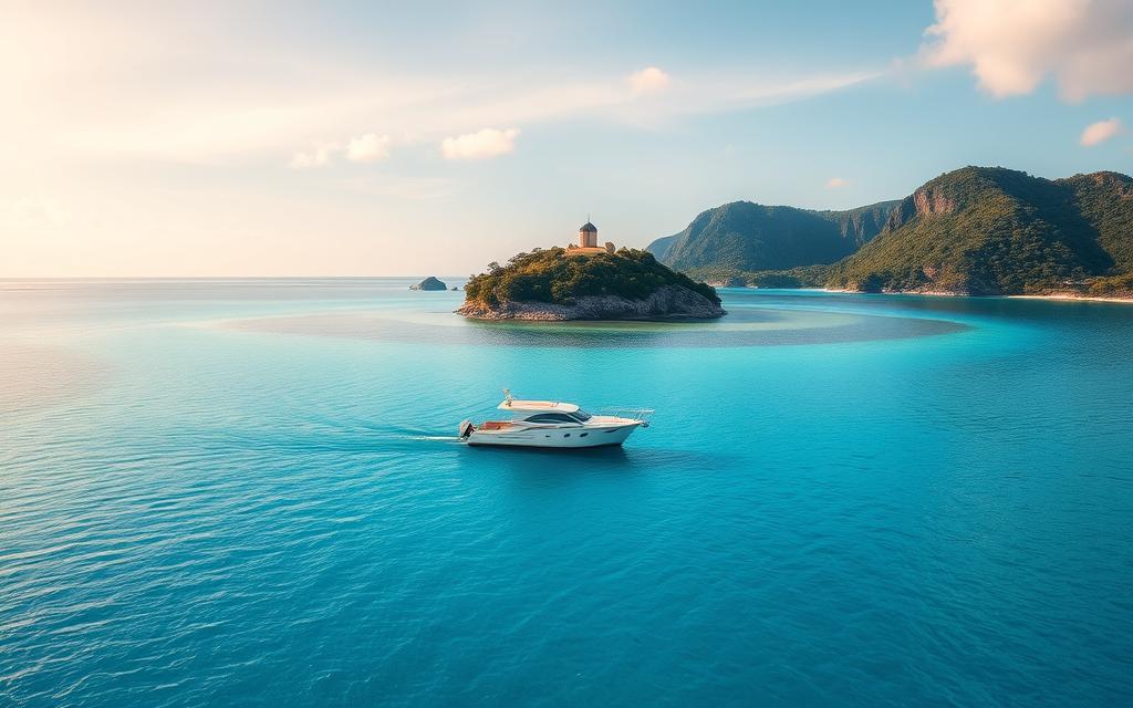 Eine atemberaubende Blaue Lagune mit einem Boot vor der Insel