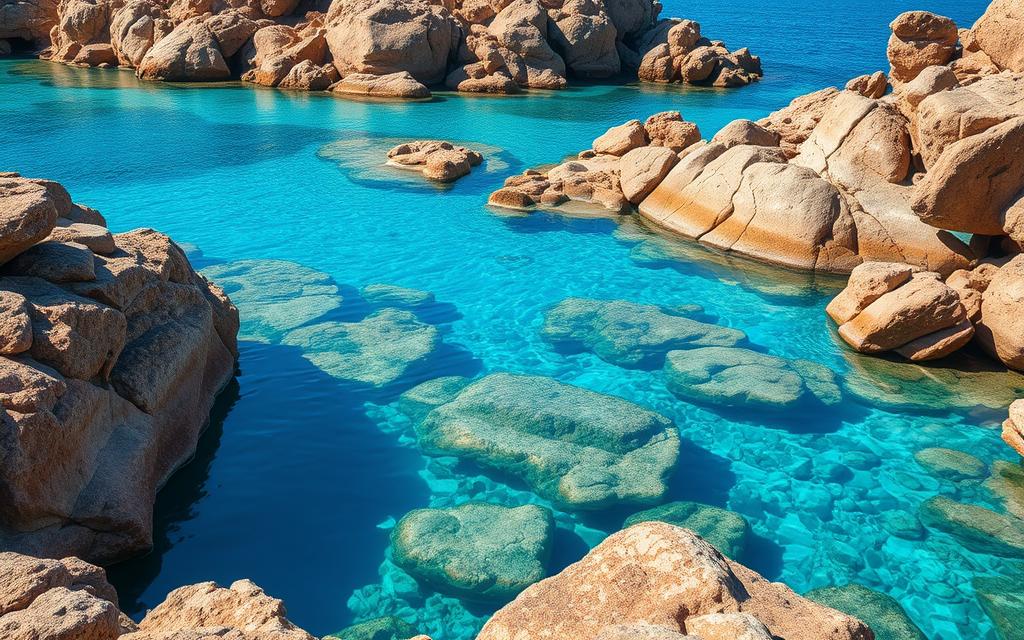 Erstelle ein Bild von einer Blauen Lagune mit kristallklarem Wasser und umliegenden Felsen.