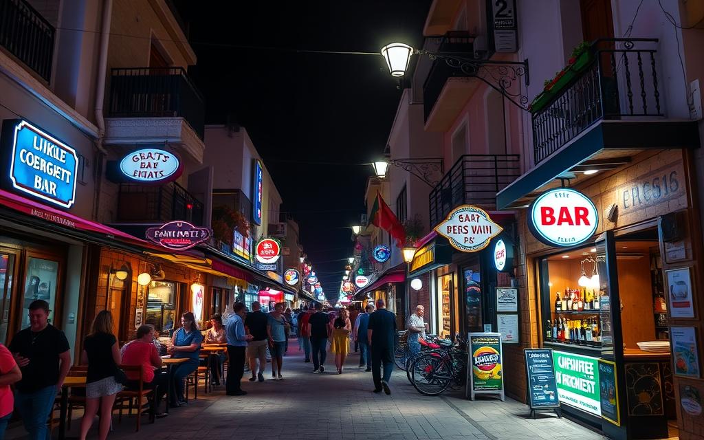 Erstellen Sie ein Bild von der Bar Street in Paphos bei Nacht