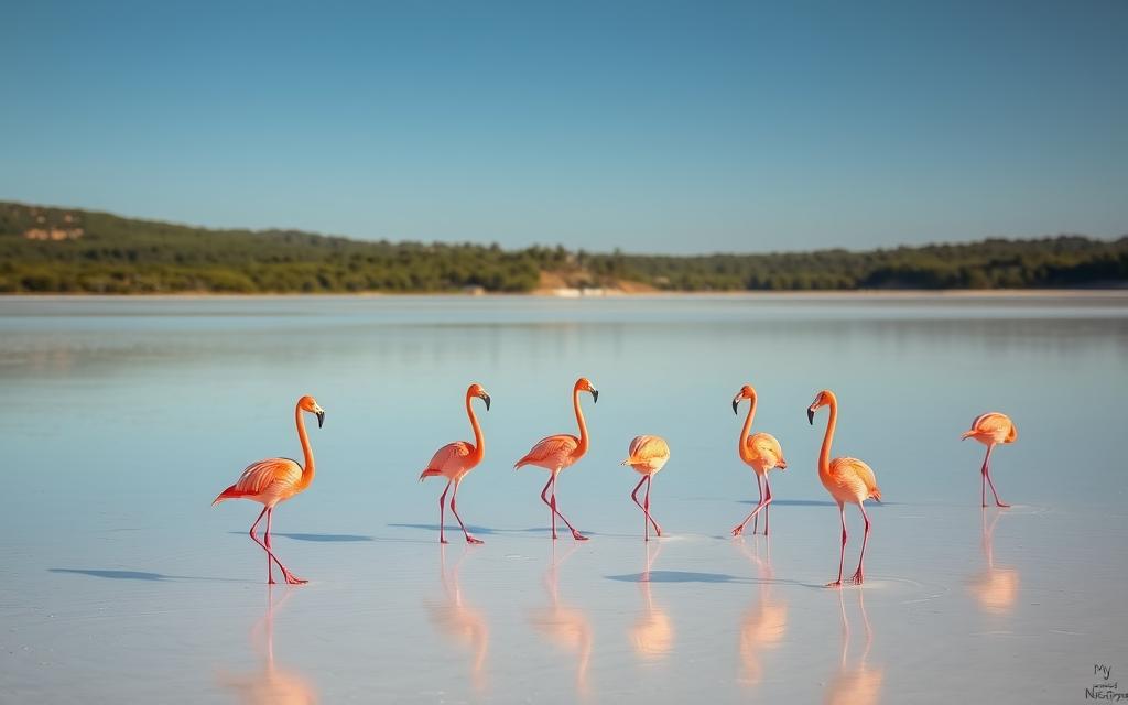 Flamingos standing in the shallow salt lakes of Larnaca, Cyprus, their vivid pink plumage contrasting with the serene blue sky and the glistening white salt flats. The birds are captured in a tranquil, natural setting, with a lush green landscape in the background. Warm, diffused sunlight illuminates the scene, creating a sense of peacefulness and wonder. #MyNiceCyprus