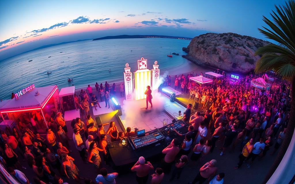 Generiere ein Bild von Nissi Beach mit Partygästen und DJs