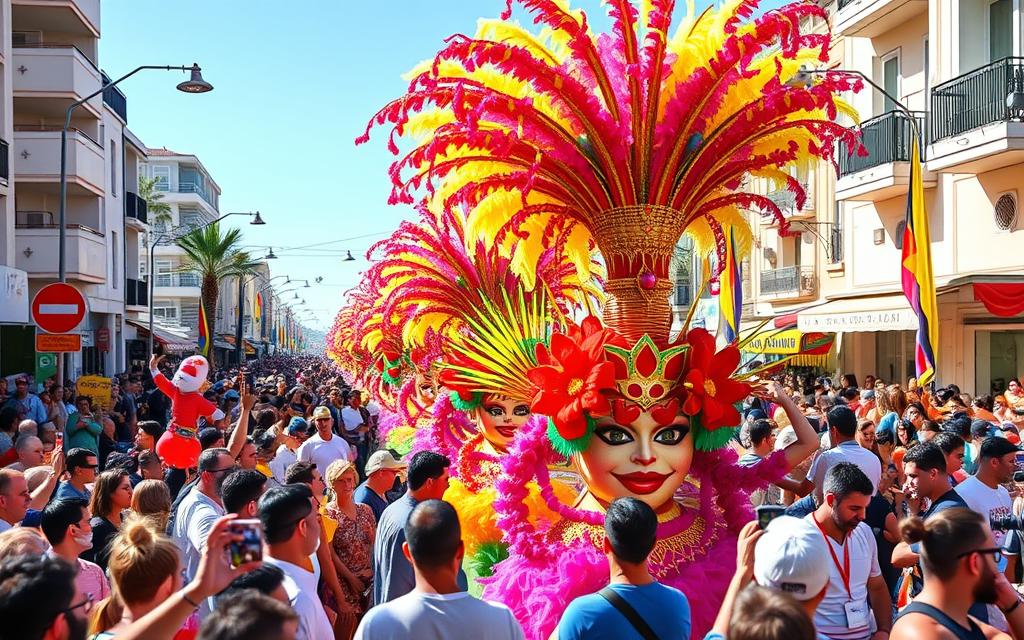Generiere ein Bild von der großen Karnevalsparade in Limassol