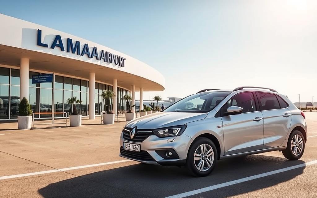 Generiere ein Bild von einem Mietwagen am Flughafen Larnaka