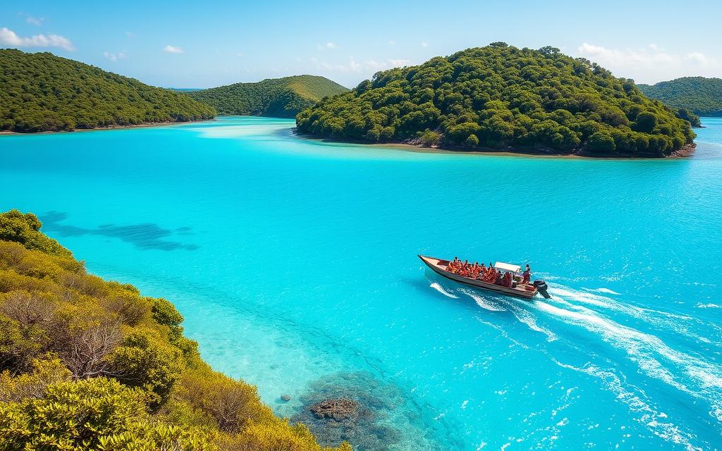 Generiere ein Bild von einer Blauen Lagune Bootstour