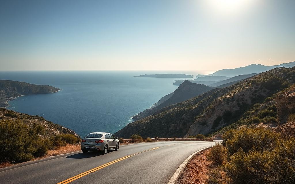 Generiere ein Bild von einer wunderschönen Küstenstraße auf Zypern mit einem Mietwagen