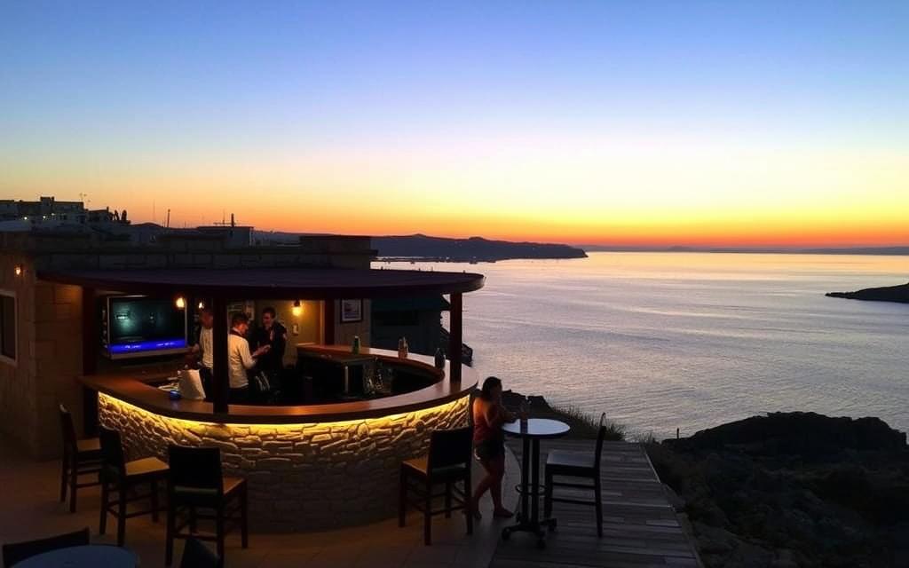 Generieren Sie ein Bild der Cliff Bar in Ayia Napa mit Blick auf die Konnos Bay