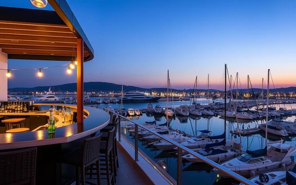 Generieren Sie ein Bild der Marina Roof Bar im Limassol Marina mit Blick auf den Yachthafen
