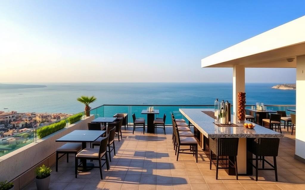 Generieren Sie ein Bild der Rooftop Bar im AMARA Hotel in Limassol mit Blick auf das Mittelmeer