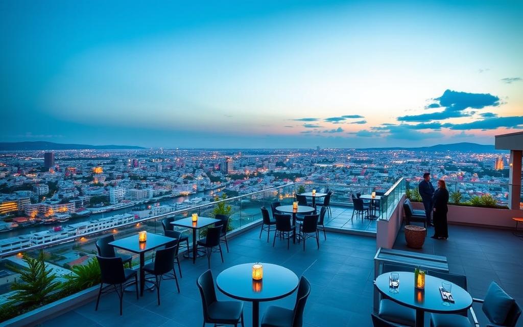 Generieren Sie ein Bild der Rooftop Bar im Limassol Agora mit Blick auf die Stadt