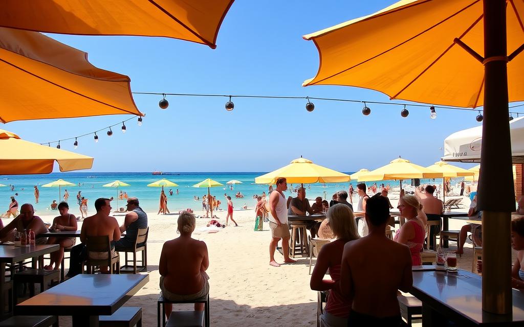 Generieren Sie ein Bild von der Bananarama Beach Bar in Larnaka, das die entspannte Atmosphäre und die Action am Strand zeigt.