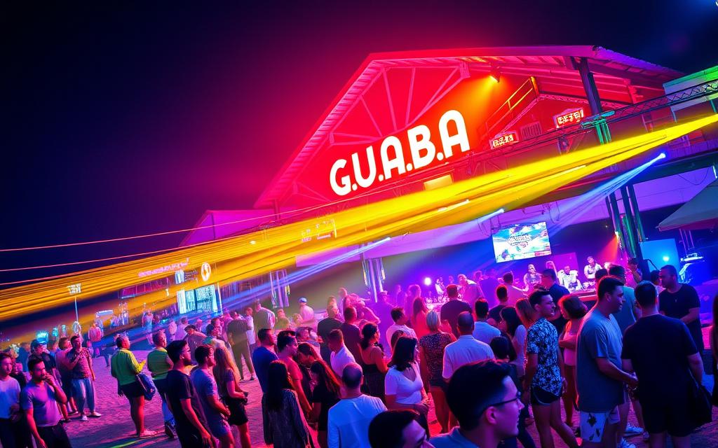 Generieren Sie ein Bild von der Guaba Beach Bar in Limassol während einer lebendigen Party