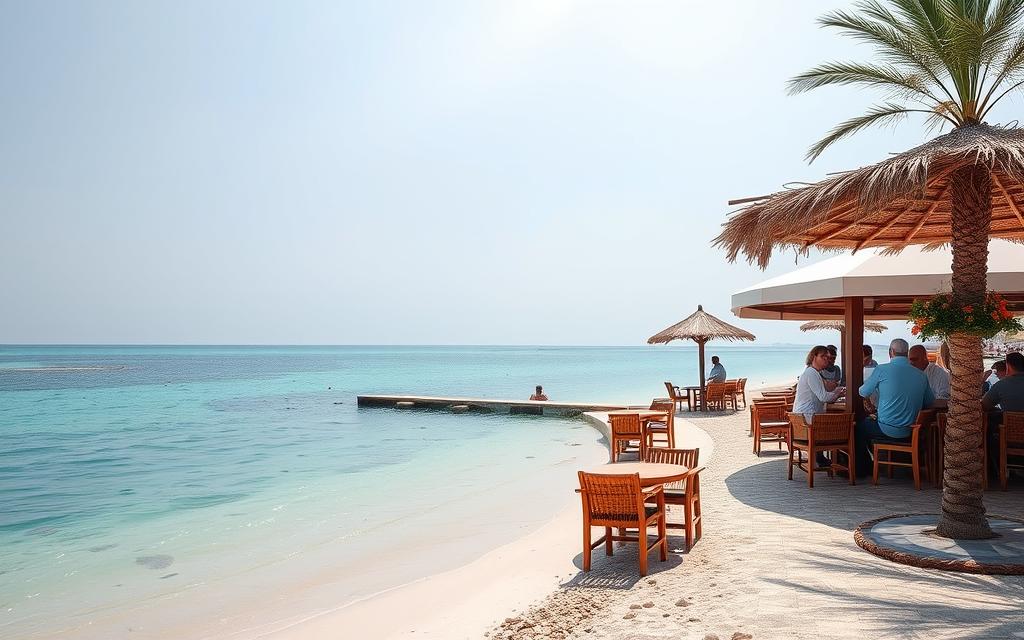 Generieren Sie ein Bild von der Isola Beach Bar am Nissi Beach, einem der schönsten Strände in Ayia Napa.
