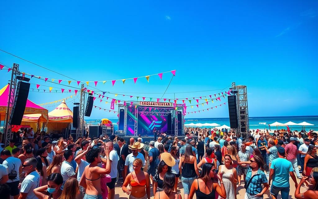 Generieren Sie ein Bild von einem Musikfestival am Strand von Ayia Napa