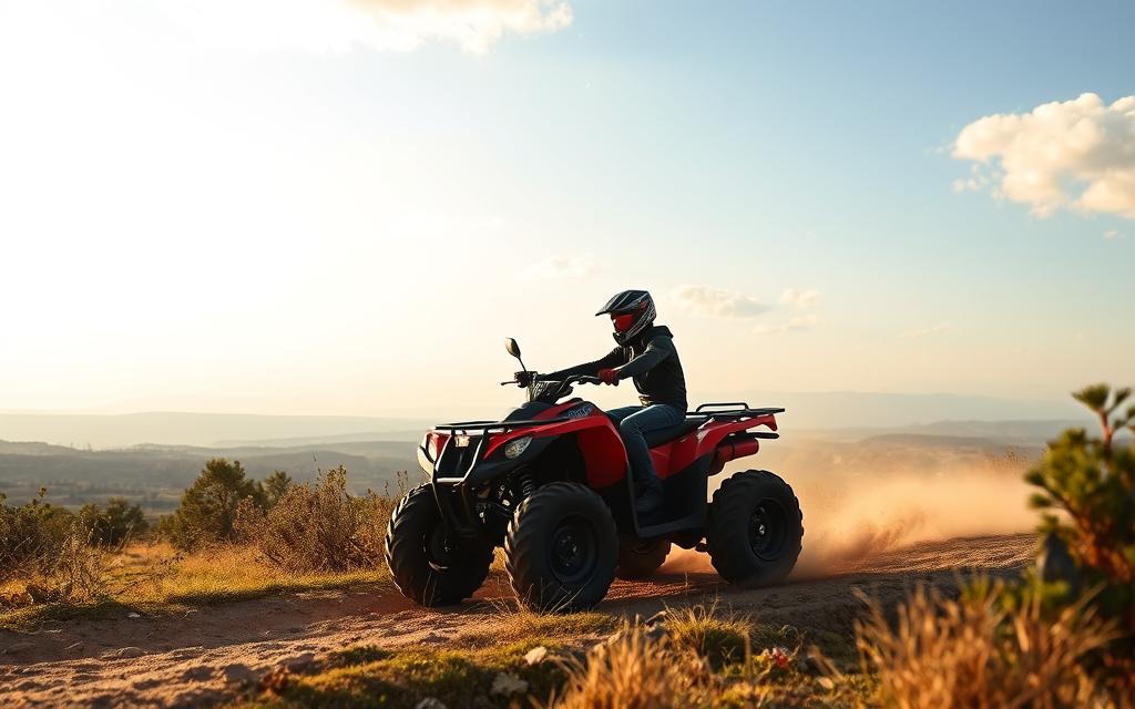 Generieren Sie ein Bild von einem Quad, das durch eine malerische Landschaft in Zypern fährt.
