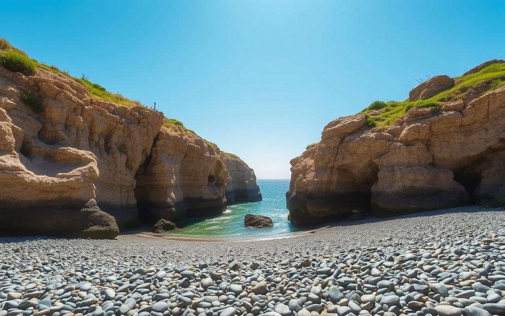 Generieren Sie ein Bild von einem spektakulären Kiesstrand mit einer markanten Felsformation, die aufs Meer blickt.