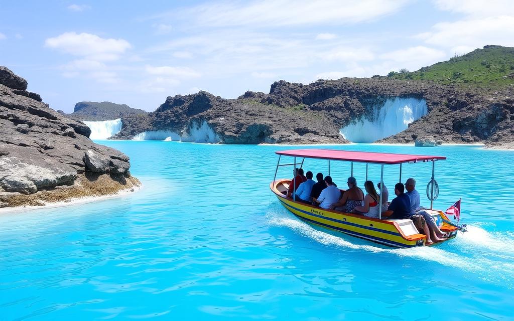 Generieren Sie ein Bild von einer Bootstour zur Blauen Lagune