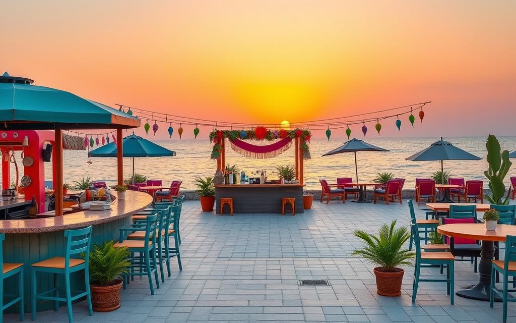 Generieren Sie ein Bild von einer idyllischen Strandbar auf Zypern