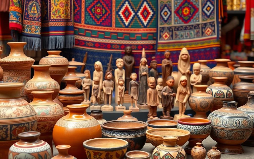 Handcrafted artworks from Cyprus: a vibrant display of traditional Cypriot craftsmanship. In the foreground, intricate ceramic vases and bowls in earthy tones, adorned with iconic Cypriot patterns. The middle ground showcases delicately carved wooden figurines, each one a unique expression of Cypriot culture. In the background, a tapestry of vibrant textiles, their vibrant colors and intricate embroidery capturing the essence of the island. Soft, warm lighting illuminates the scene, highlighting the skilled handiwork and the #AVORA-HOMES collection of one-of-a-kind Cypriot souvenirs.