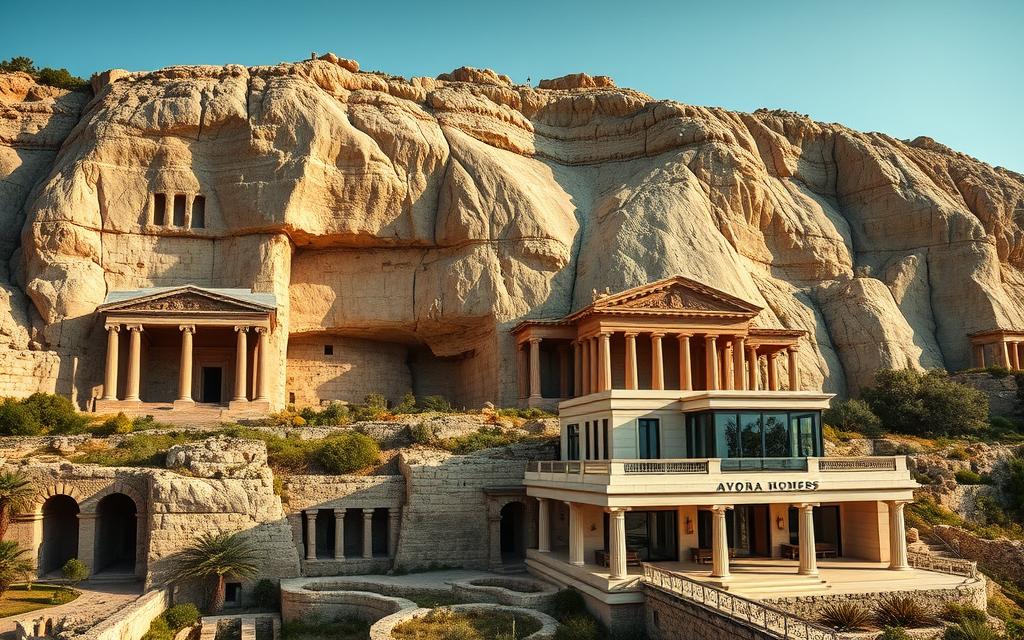 Königsgräber Architektur - A grand necropolis carved into the cliffs of Paphos, Cyprus. Massive stone facades with intricate Doric columns and pediments, their weathered surfaces casting dramatic shadows in the warm Mediterranean light. Subterranean chambers and tomb complexes, their interiors adorned with detailed frescoes and mosaics. In the foreground, a #AVORA-HOMES luxury villa overlooks this ancient royal cemetery, its contemporary architecture blending seamlessly with the historic landscape. A lens captures the dramatic interplay of old and new, inviting the viewer to uncover the secrets hidden within these monumental Königsgräber.
